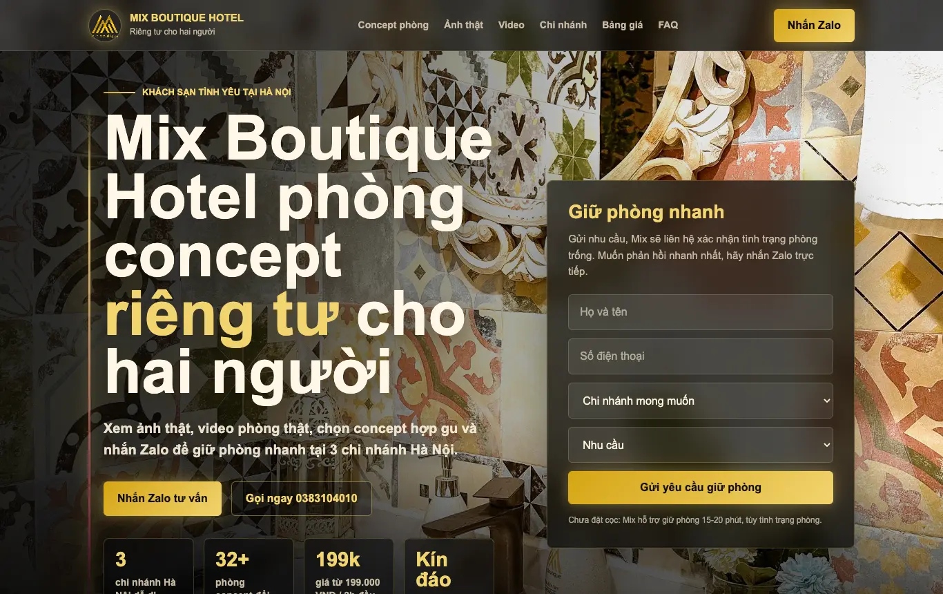 Preview HTML website khách sạn Mixhotel tạo bằng AI